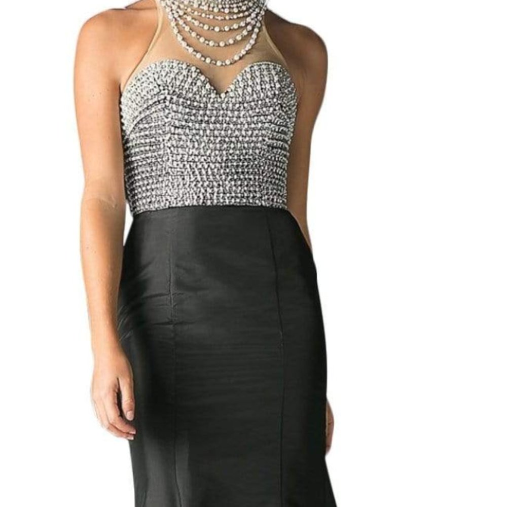 Mermaid evening dress, beaded neck line, size 4